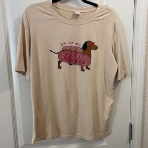 Beige Tee with Pink Hot Dog Dachshund Graphic